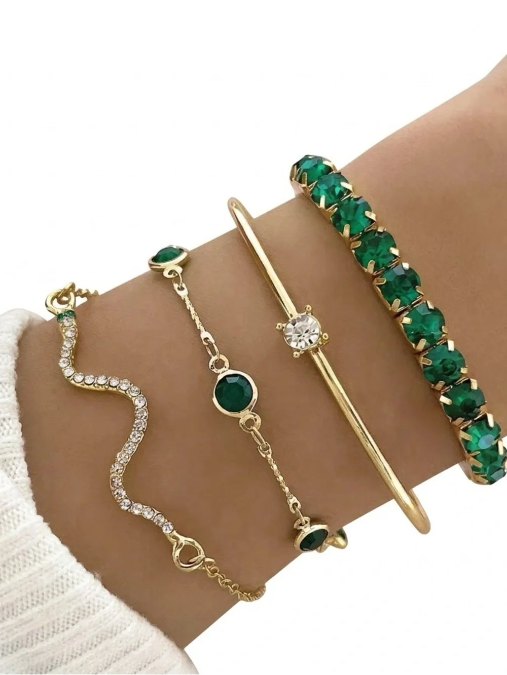 4Pcs Gold Green Crystal Snake Bracelet Set Womens Emerald Rhinestone